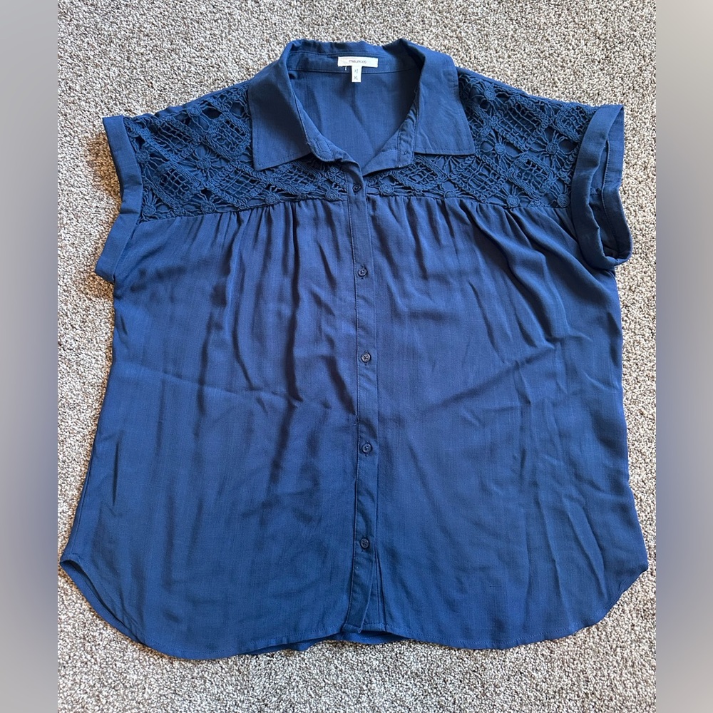 Maurices Navy Crochet Yoke Button-Down Blouse
